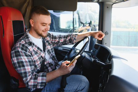 Young truck driver in a plaid shirt smiles while using smartphone in his cab during a daylight...