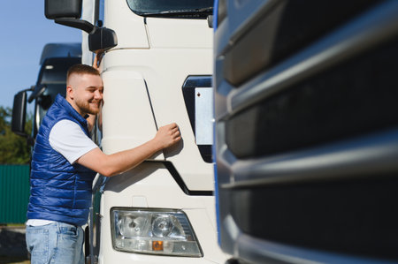 Young man standing proudly beside a white truck, touching its surface and smiling, representing job...