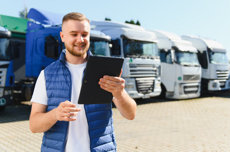 Smiling man in safety vest holding a digital tablet, managing transportation and delivery schedule at a truck fleet parkingの写真素材