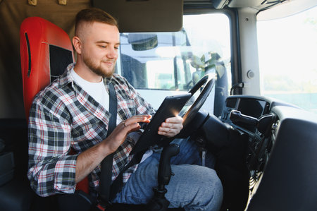Young man driving a truck, smiling and operating a digital tablet inside the professional vehicle cabinの写真素材