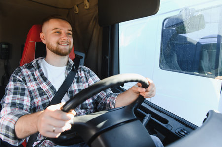 Young man driving large cargo truck, working in transport. Professional truck driver smiling from...