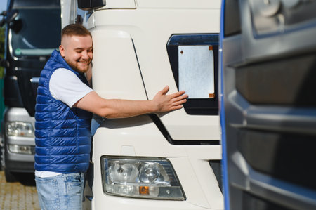 Smiling man driver expressing love and happiness by hugging the front of his semi truck,...