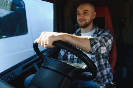 Young man driving a delivery truck, transporting goods for logistics and cargo business. Focus on occupation and journeyの写真素材