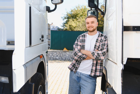 Young man, a professional truck driver, leaning against a large freight vehicle, representing...