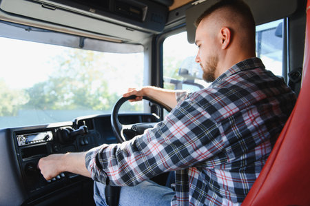 Professional man driving a truck, his hands on the steering wheel and controls, navigating a commercial vehicleの写真素材
