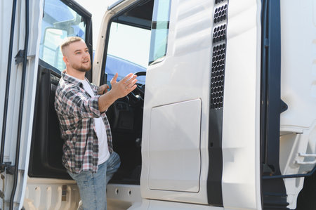 Professional truck driver standing in the cab doorway, communicating with open hand gestures,...