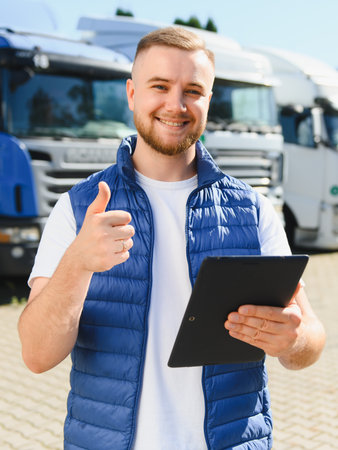 Happy truck driver managing logistics, delivering goods, showing approval with thumbs up gesture, standing in front of trucksの写真素材
