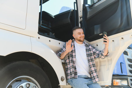 Smiling truck driver making a video call, waving hello from his semi truck, representing remote communication and logisticsの写真素材