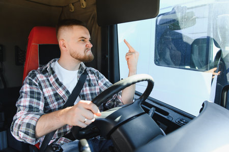 Furious male driver expressing anger and road rage by showing a gesture from inside his vehicleの写真素材