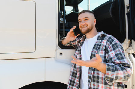 Young male truck driver smiling, communicating on a smartphone while standing next to his white commercial truckの写真素材
