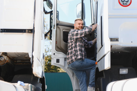 Young man smiling, wearing a plaid shirt and jeans, stepping into the cabin of his vehicle, preparing for workの写真素材