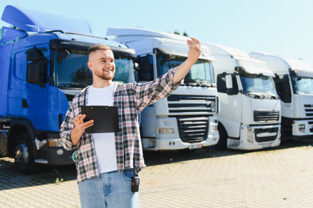 Young man holding clipboard, smiling, pointing, and checking trucks at a transport logistics parking lotの写真素材