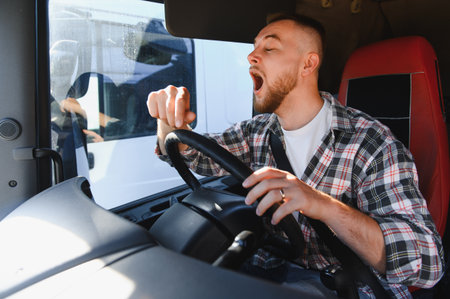 Young man driving a truck, yawning and feeling tired. Concept of driver fatigue, drowsy driving, and occupational healthの写真素材
