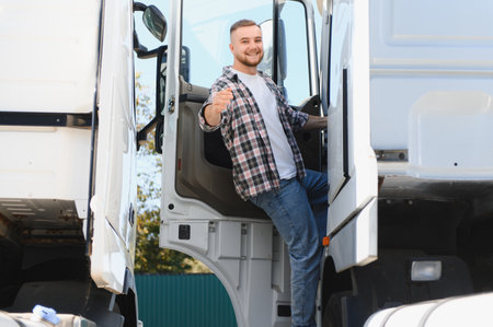 Young male truck driver in plaid stepping out of white semi cab, smiling and giving a thumbs up,...