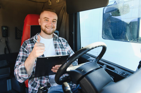 Young man driver sitting in truck cabin, smiling and giving a thumbs up gesture, holding a clipboard with documentsの写真素材
