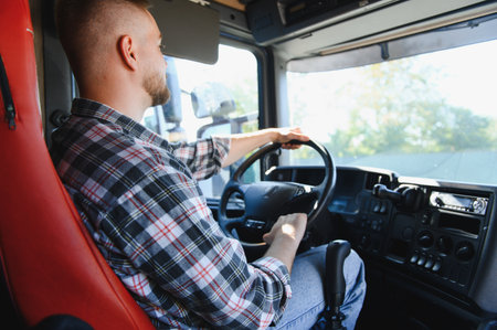 Young male truck driver focused on highway ahead while steering a commercial semi through sunny...