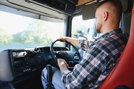 Man driving semi truck, transporting goods across long distances. Focus on logistics, delivery, and...