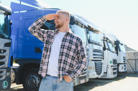 Truck driver man standing in front of semi trucks, shading eyes, confidently looking out. Depicting transportation logistics businessの写真素材
