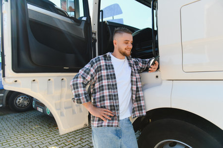 Young man standing by his truck, holding a smartphone, actively managing logistics while stopping during transport operationsの写真素材
