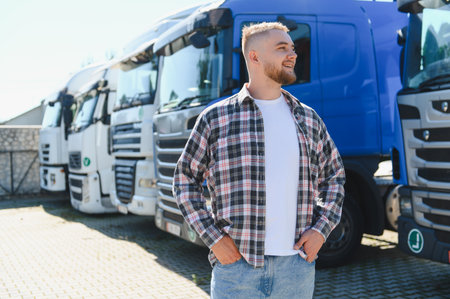 Young man smiling, wearing a plaid shirt and jeans, standing at a parking lot with big cargo trucks...