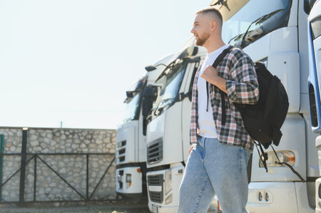 Young man with backpack walking alongside fleet of semi trucks, preparing for long freight journey. Representing transportation and logisticsの写真素材