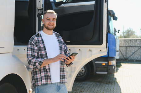 Young man, a professional truck driver, smiling and checking his smartphone next to a parked blue and white cargo truckの写真素材