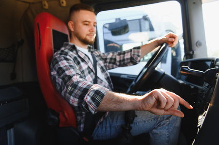Professional man driving a lorry, working in logistics industry. Delivering goods and managing freight transportationの写真素材