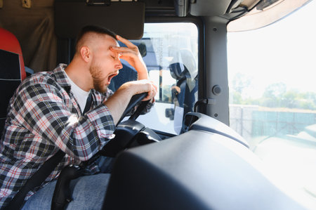 Young man driving a truck, feeling tired and yawning, highlighting the dangers of fatigue for road safetyの写真素材