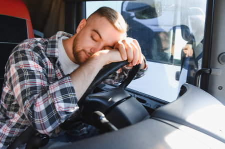 Young man driver sleeping on the steering wheel inside his truck during a break, resting from long haul drivingの写真素材