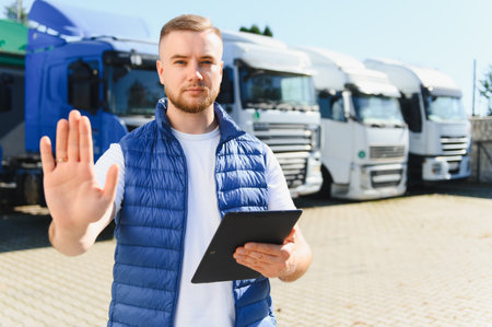 Truck driver in a blue vest holding a tablet and making a stop gesture, standing in front of parked semi trucksの写真素材