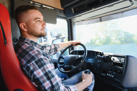 Man driving a cargo transport truck, looking out the window, delivering goods for logistics and shipping jobの写真素材