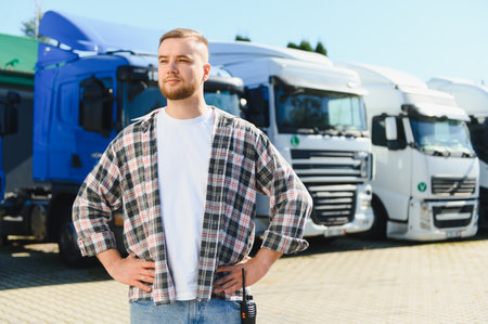 Young truck driver standing confidently before a fleet of semi trucks in a parking lot, ready for...