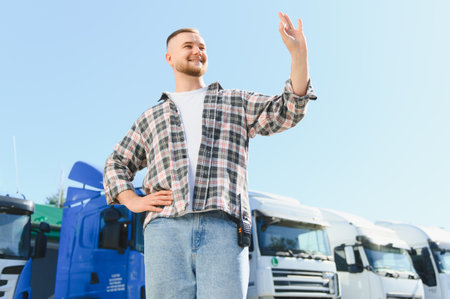 Smiling professional truck driver man standing in a plaid shirt with a walkie talkie, proudly looking aheadの写真素材