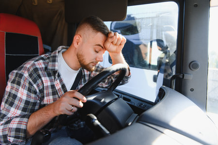 Tired male truck driver resting his head on the steering wheel, experiencing fatigue from long hours on the roadの写真素材