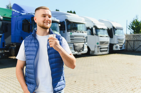 Young smiling truck driver holding a shot glass against a backdrop of several parked semi trucks on...