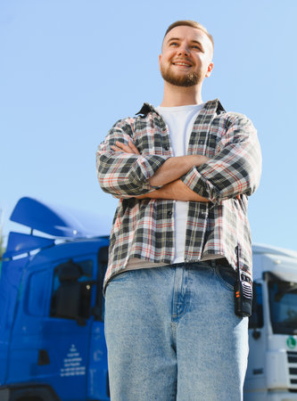 Truck driver with a walkie talkie smiling, standing proudly with arms crossed, representing a successful transportation businessの写真素材