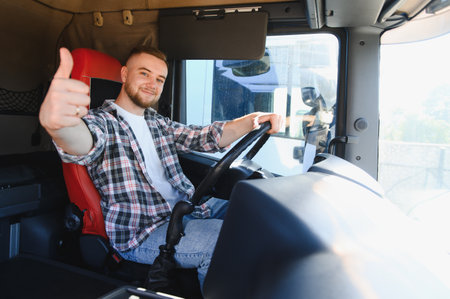 Happy driver sitting in modern truck, smiling and showing a thumbs up gesture, ready for long haul deliveryの写真素材