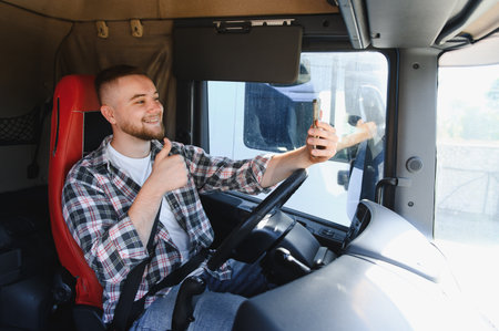 Young man driving a truck, smiling and giving a thumbs up while taking a selfie with his smartphone in the cabinの写真素材