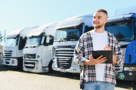 Young man standing in front of semi trucks, holding a clipboard and pen, managing logistics...