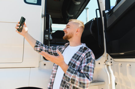 Smiling truck driver vlogger filming selfie with smartphone by his semi truck, sharing life on the road and daily long haul lifestyleの写真素材