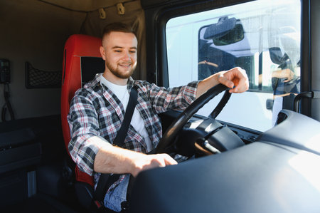 Young man driving a semi truck, holding the steering wheel and smiling, wearing a seatbelt and plaid shirtの写真素材