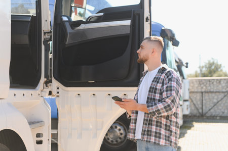 Truck driver man standing next to his truck, using a smartphone for pre trip inspection or logistics managementの写真素材