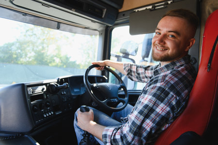 Professional truck driver smiling, steering inside a semi trailer truck cab, confidently managing...