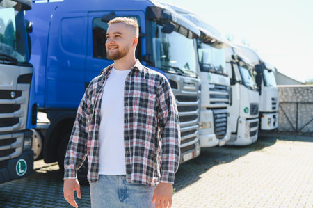 Young man standing proudly in front of a line of semi trucks, representing logistics and...