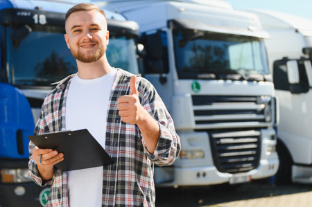 Smiling man with a clipboard giving a thumbs up gesture, standing in front of semi trucks, showing approval for transport serviceの写真素材