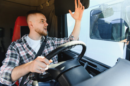 Young man driving a truck and yelling, showing frustration and stress on the road. Concept of road rageの写真素材