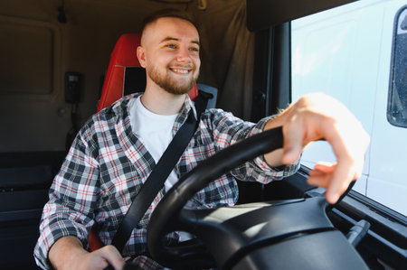 Young man smiling, driving a truck, representing logistics, transportation, and professional...