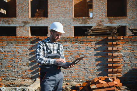 Portrait of a builder in the process of working on a construction site outdoors.