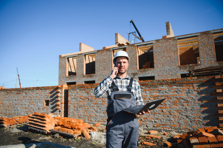 Installing brick wall. Construction worker in uniform and safety equipment have job on building.の写真素材