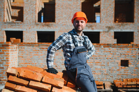 Construction worker in uniform and safety equipment have job on building.